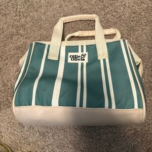 Ollie and Olivia: Travel/Lunch Bag | Striped | Zipper | Green & Ivory 10x9x6.5